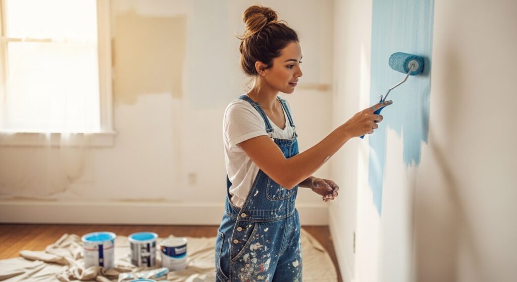 Uma mulher jovem com cabelo preso em um coque e usando um macacão jeans manchado de tinta realiza a pintura de uma parede interna. Ela utiliza um rolo para aplicar uma tinta azul clara vibrante sobre a superfície branca. O ambiente está iluminado pela luz natural da janela, com latas de tinta abertas sobre uma lona protetora no chão, transmitindo uma sensação de renovação e criatividade