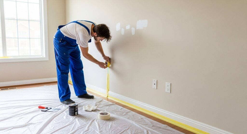 Homem vestindo macacão azul de trabalho realiza a preparação de uma parede para pintura. Ele aplica fita crepe amarela cuidadosamente ao longo do rodapé para proteger o acabamento. O chão está coberto com uma lona plástica branca, onde se veem latas de tinta e rolos de fita, demonstrando as boas práticas de uma reforma residencial organizada.